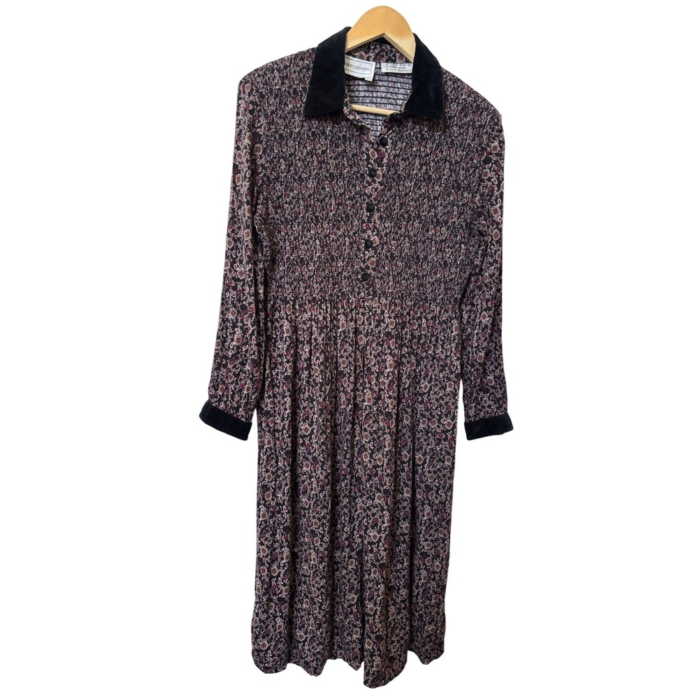 Karin Stevens Vintage‎ 90s Smocked Paisley Midi Dress Velvet Collar Black Red 14